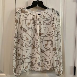 WHITE HOUSE BLACK MARKET Cream Chain & Tassel Print Blouse Top XS